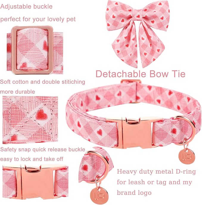 Valentine Dog Collar with Bow Tie, XL, Pink Plaid, Cotton with Metal Buckle, 16-26in Neck