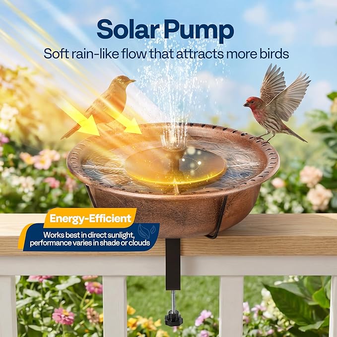 VIVOHOME Deck Mounted Bird Bath with Solar Fountain, Outdoor ABS Birdbath Bowl with Adjustable Metal Clamp, Solar Powered Pump for Railing, Fence, Balcony, 1.45 Gallons, Bronze