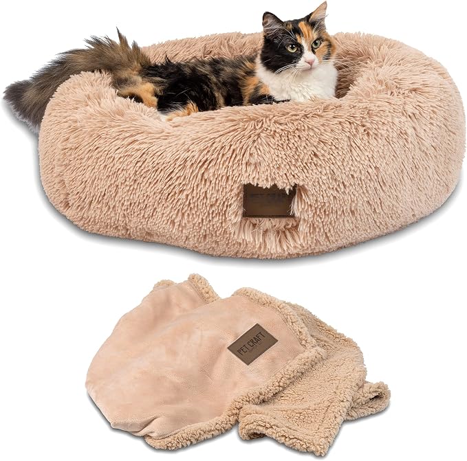 Pet Craft Supply Ultra Plush Calming Anti-Anxiety Pet Bed - Includes Super Soft Comfort Blanket - Great Medium Dog Bed Small Dog and Cat Bed;Cream