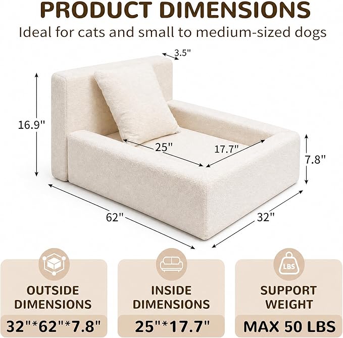Boucle Dog Bed with Pillow, Furniture Style Dog Couch with Backrest, Washable Calming Pet Sofa Lounge for Small Medium Dogs, Beige