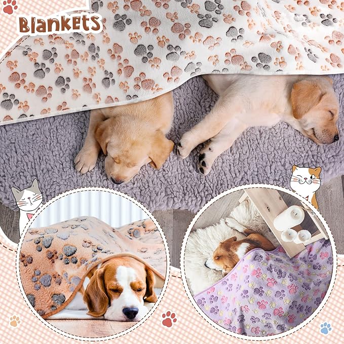 Tatuo 4 Pack Fleece Dog Blankets for Puppy Cats Multi-Size Sleep Mat for Pet Guinea Pig Soft Washable Warm Crate Bed Puppy Teething Toys Print Pattern Blanket Indoor(Mixed Color,51 x 63 Inch,Paw)