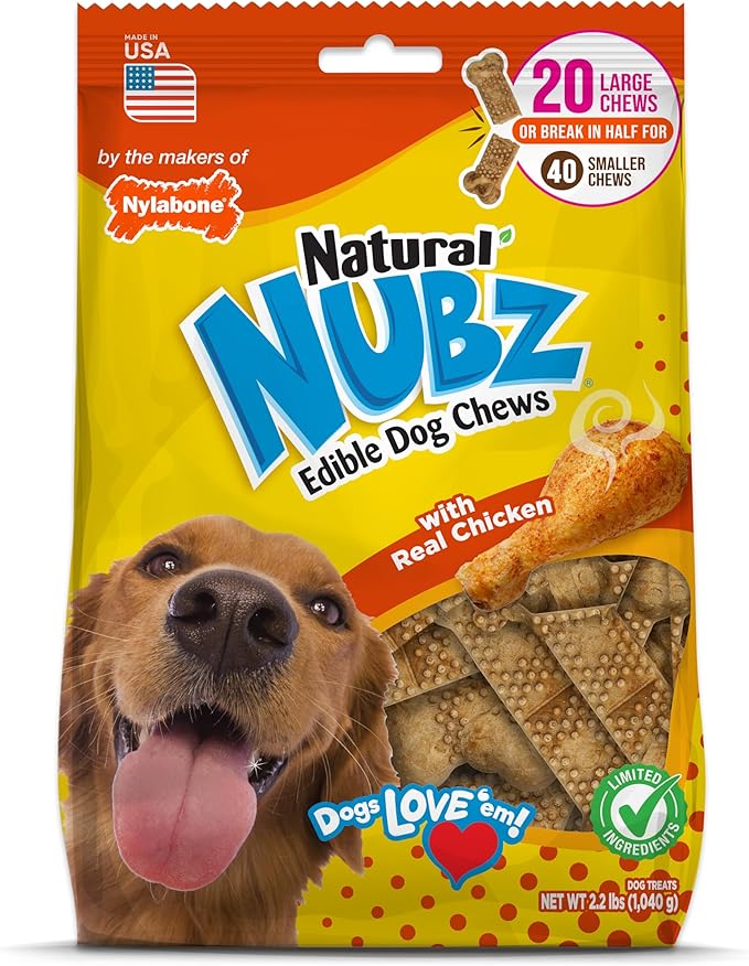 Nylabone Nubz Natural Dog Chew Treats for Large Dogs, Long Lasting Dog Chew Bones Made in the USA, Chicken Flavor Breath Freshener Dental Chews, Large Dog Bones for Dogs Over 30 lbs. (20 Count)
