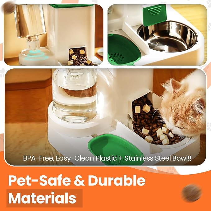 Automatic Cat Feeder & Water Dispenser – Gravity Cat Feeding Station with Stainless Steel Bowl, 2.2L Food & 1L Water Capacity, Automatic Pet Feeder for Cats & Small Dogs (Green)