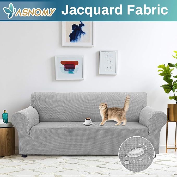 Asnomy Couch Covers for 3 Cushion Couch Stretch Sofa Covers Slipcovers, Pet Protector Furniture Covers for Dogs Cats Spandex Jacquard Fabric Small Checks（X-Large，Silver）