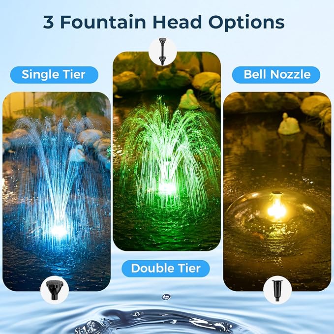 POPOSOAP Floating Fountain With LED Lights, Pond Fountain and Aerator Complete Kit with 660GPH Water Pump 27FT Power Cord, 3 Spray Styles for Ponds, Pool, Water Gardens P130