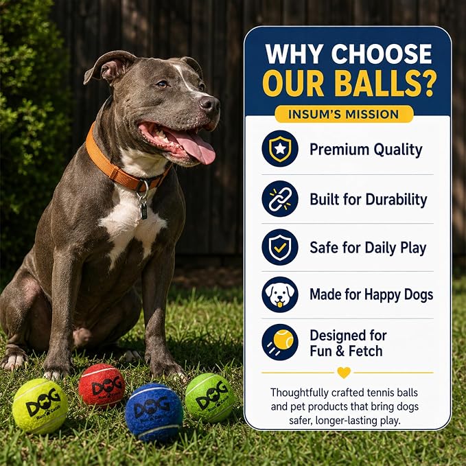 INSUM Tennis Balls for Dogs - 12 Pack 2.5'' Durable Non-Toxic Outdoor Dog Toys Balls with Mesh Bag, SGS Certified, Colorful Fetch Toys, Medium Large Breeds (Non Squeaky)