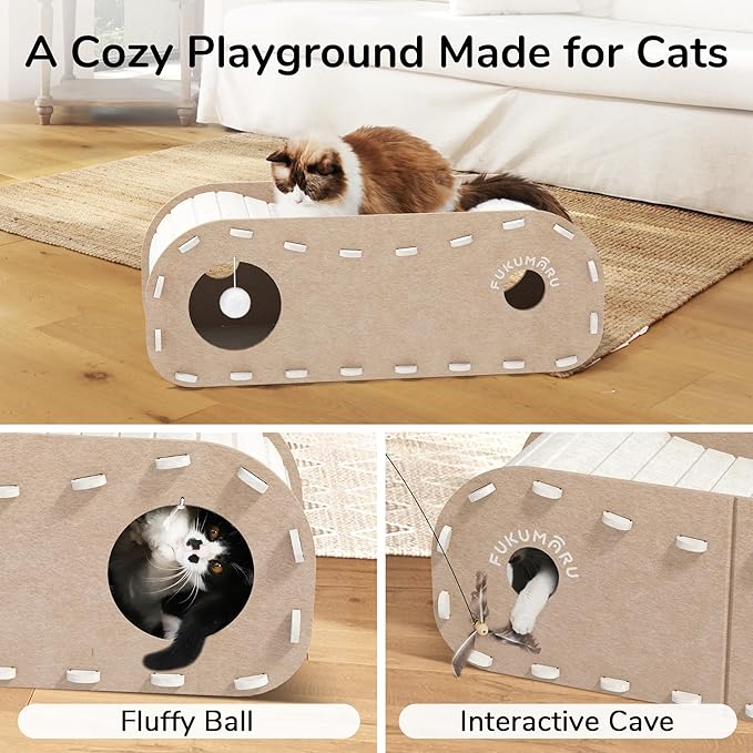 FUKUMARU Cat Beds for Indoor Pets 31.5 Inch, Extra Long Cozy Cat Bed Cave Tunnel for Multiple & Large Cats, Felt Kitten Hideaway House with Fluffy Ball, Scratch Resistant, Warm & Safe, Beige