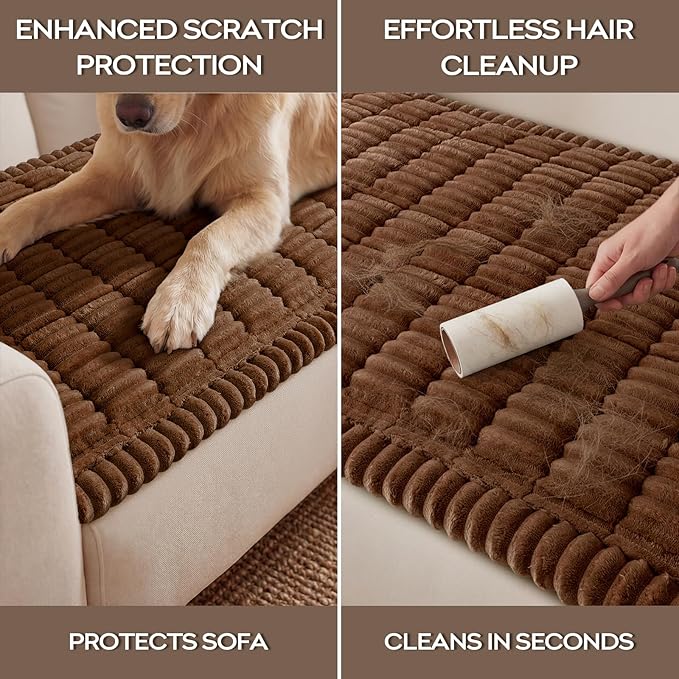 decorUhome Non-Slip Fuzzy Couch Cover for Dogs, Soft Thick Washable Pet-Friendly Protector, Sofa Slipcover for 3 Cushion Couch Sofa, Brown, 27.6" x 70.9"