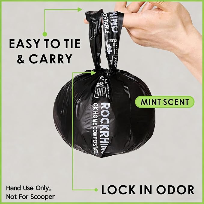 Ultra Thick RockRhino Dog Poop Bags - Claw Machine Style Pickup with Multi-Layer Bottom, ECO Heavy Duty, 0% Plastic, 100% Home Compostable, Mint-Scented, Easy Open Tie Handles, Glove Fit - 120 Bags
