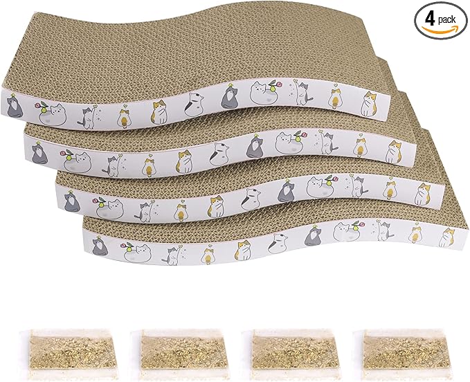 PatiencET Cat Scratcher Cardboard 4 Pack Cat Scratch Pad Reversible Scratcher Texture Curve Design Durable Cat Scratchers for Indoor Cats Lounger Sofa
