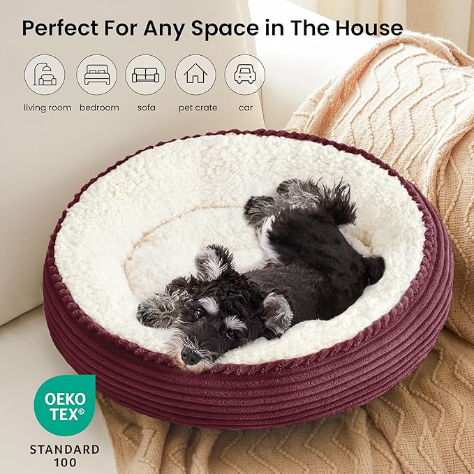 Love's cabin Round Donut Cat and Dog Cushion Bed, 24in Pet Bed for Small or Medium Dogs, Anti-Slip & Water-Resistant Bottom, Soft Durable Fabric Pet Beds, Washable Calming Cat Bed Burgundy Stripe