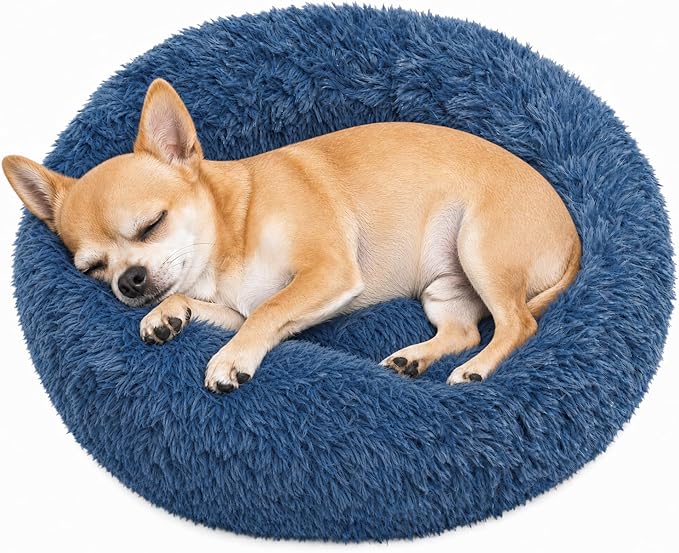 Tiny Dog Bed 15 Inch for Extra Small Dogs,Washable Puppy Bed,Soft Faux Fur Calming Donut Bed for Chihuahua Yorkie Maltese Pomeranian,Navy Blue