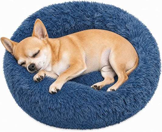 Tiny Dog Bed 15 Inch for Extra Small Dogs,Washable Puppy Bed,Soft Faux Fur Calming Donut Bed for Chihuahua Yorkie Maltese Pomeranian,Navy Blue