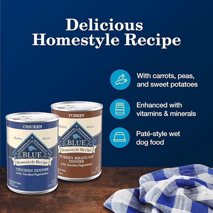 Blue Buffalo Homestyle Recipe Chicken and Turkey Wet Dog Food for Adult Dogs, 12.5 oz. Cans, 6 Count Variety Pack