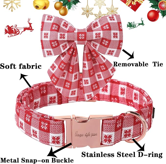 Unique Style Paws Christmas Day Dog Collar with Bowtie Red Christmas Papercut Cotton Puppy Collars for Small Medium Large Dogs
