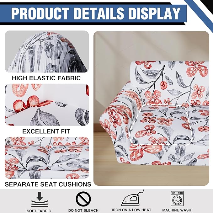 Stretch Couch Covers for 3 Separate Cushion Couch Sofa,Floral Printed Couch Sofa Cover,Washable Sofa Slipcover,Pet Friendly Furniture Protector with Elastic Bottom,Universal Fit for Home(Sofa,Cover)