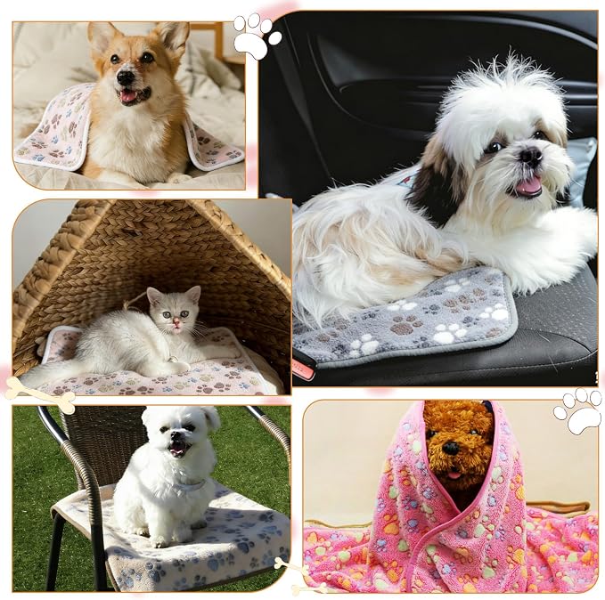 18 Pcs Dog Blankets for Small Dogs Washable Soft Fluffy Fleece Puppy Blankets Bulk for Pets Cute Paw Printed Throw for Indoor Cats Kitten Crate (23 X 16 Inch)