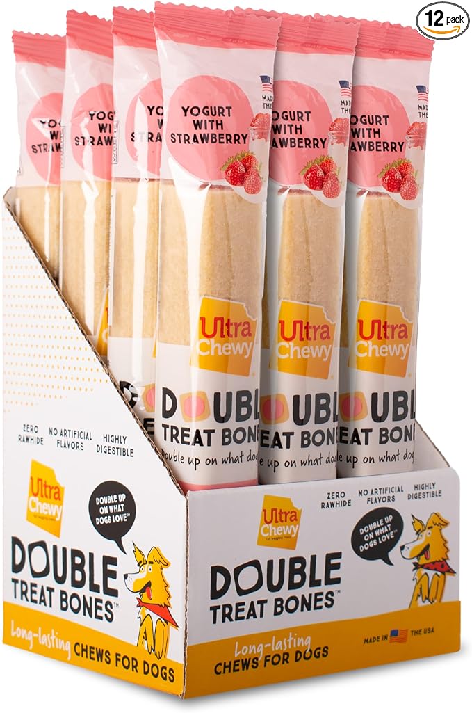Ultra Chewy Yogurt with Strawberry Double Treat Bones: Long-Lasting Dog Treats Made in USA for Large and Small Breeds, Highly Digestible (12 Count)