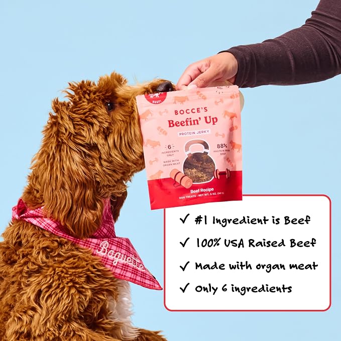 Bocce's Bakery Beefin’ Up Beef Jerky Protein Cuts Dog Treats – Natural & High-Protein, Wheat-Free, Made with Limited and Real Ingredients – Baked in The USA with No Added Salt or Sugar, Beef, 5oz
