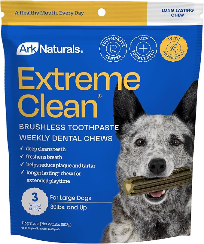 Ark Naturals Extreme Clean Brushless Toothpaste for Large Breeds, 18 oz Bag, Long-Lasting Dog Dental Chew with Toothpaste Center, Freshen Breath, Reduce Plaque & Tartar