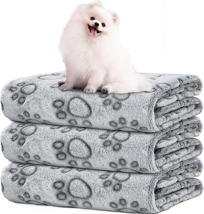 LOKOZ 1 Pack 3 Blankets Soft Fleece Dog Blanket for Puppies Small Dogs Kitten, Washable Flannel Cat Pet Blanket for Couches Bed, Cute Grey Paw Print Throw for Crate Carrier, 24"x32"