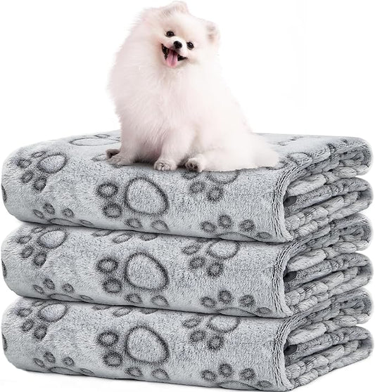 LOKOZ 1 Pack 3 Blankets Soft Fleece Dog Blanket for Puppies Small Dogs Kitten, Washable Flannel Cat Pet Blanket for Couches Bed, Cute Grey Paw Print Throw for Crate Carrier, 24"x32"