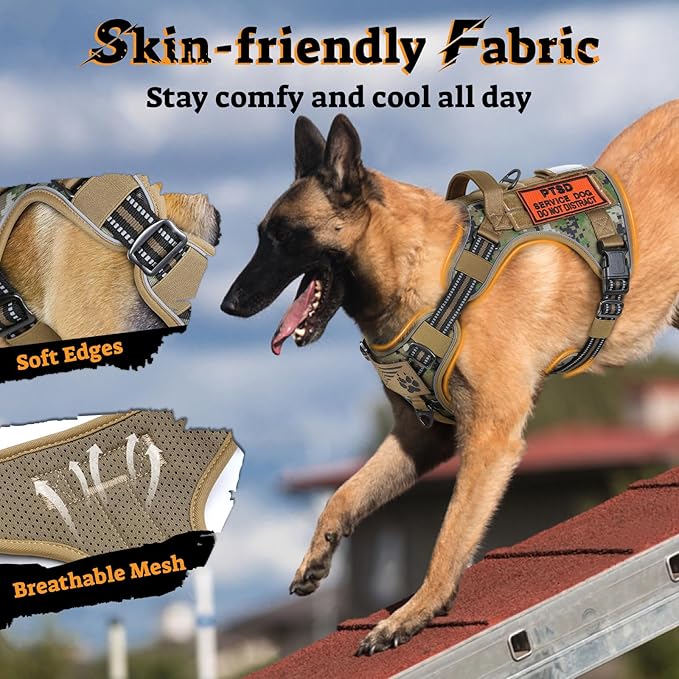 rabbitgoo Tactical Dog Harness for Large Dogs No Pull Adjustable Military Vest with Handle MOLLE Reflective Heavy Duty Dog Vest for Walking Training Hunting Outdoor Medium Size Dog Brown Camo L