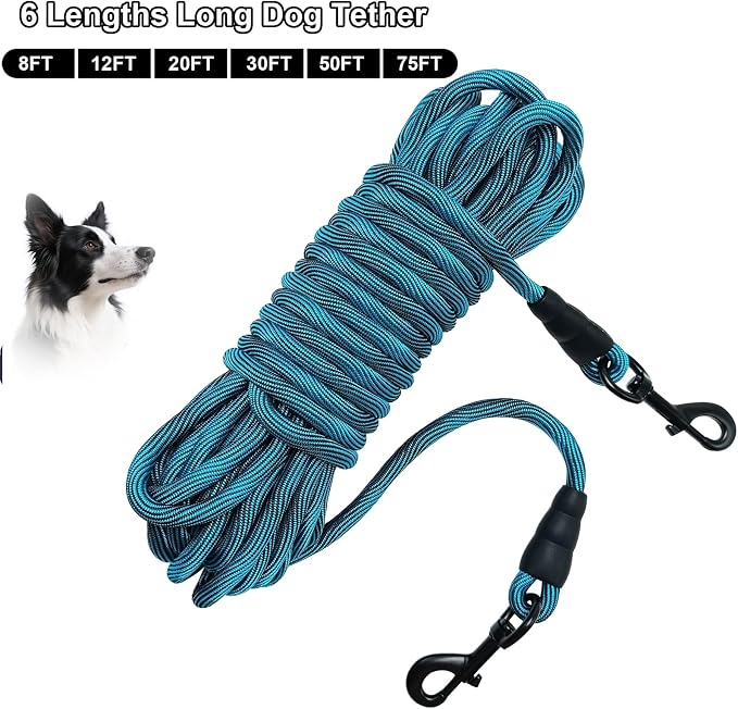 BTINESFUL Tie-Out Check Cord Long Rope Dog Lead, 8ft 12ft 20ft 30ft 50ft 75ft Dog Tether for Yard- Large Medium Dogs Outdoor Training, Playing, Camping, or Backyard (8 Foot, Blue Black)