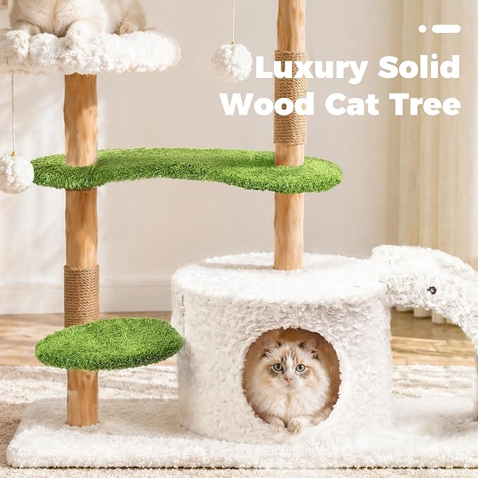 Easyego Modern Cat Tree, 45.6" Aesthetic Wood Cat Tree Tower for Large Cats, Luxury Cat Condo with Scratching Posts and Flower Platforms, Cat Furniture, White&Green