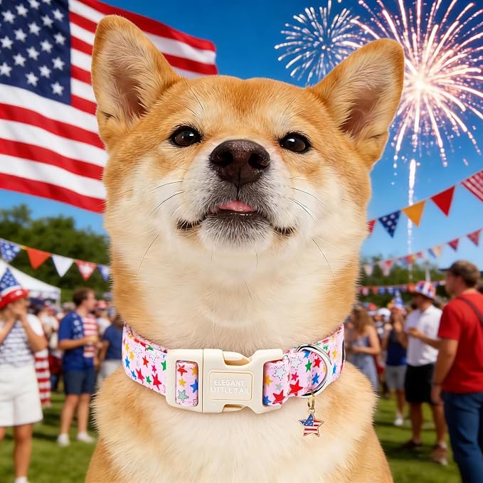 Elegant Little Tail 4th of July Dog Collar with Pendant, Patriotic Pink Stars Patriot Pattern Cotton, Sturdy Quick-Release Plastic Buckle, Girl Adjustable Pet Collar for Large Dogs