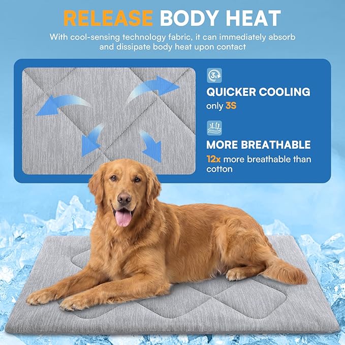 Queenmore Cooling Dog Mat for Dogs, Washable Dog Cooling Mat Indoor Outdoor, Non-Slip Portable Kennel Puppy Bed for Summer, Keep Your Pet Cool (Grey Diamond, Large(35" x 27"))