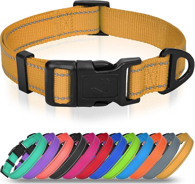 Joytale Dog Collars for Small Dogs, Feather-Light Double-Sided Reflective Nylon Collar for Night Safety, Adjustable Quick-Release for Growing Puppies, Khaki, S (5/8" Width)