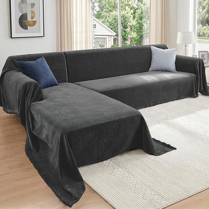 CAPALOCA Sectional Couch Covers, 2 Pieces Chenille Sofa Cover L Shaped Couch Cover Blanket for Dogs Washable Sofa Slipcovers Pet Furniture Protector (XXX-Large: 71" x 118" + 91" x 134", Graphite Gray)