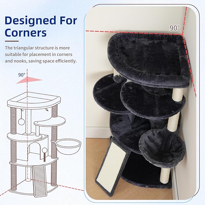 Gitelsnour Corner Cat Tree for Indoor Cats, Cat Tower with All Sisal Scratching Posts, Multi-Level Cat Condo wth Cat Cave, Large Top Perch, Hanging Basket, Sisal Scratching Ramp, Drak Gray GCT025G