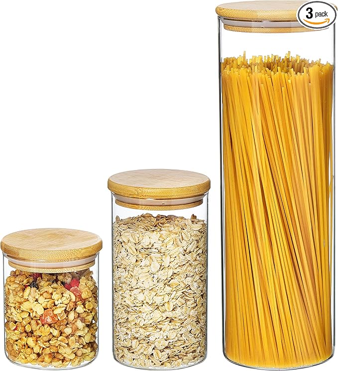 Vtopmart 3 Pack Kitchen Containers with Airtight Bamboo Lids (74oz/27oz/20oz), Glass Pantry Storage Containers for Pasta, Nuts, Coffee Beans, Cereal, Canisters Set for Pantry Organization, BPA Free