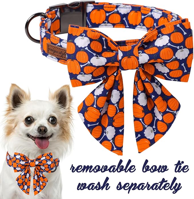 Unique Style Paws Halloween Day Dog Collar with Bowtie Bone Pumpkin Cotton Dog Collars for Small Medium Large Dogs