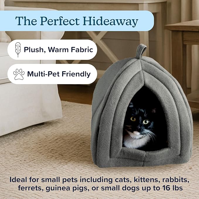 PETMAKER Indoor Cat House with Removable Foam Cushion for Cats, Kittens, Small Dogs & Small Pets, Plush Pet Bed Crate Tent Hideaway with Cozy Soft Interior, Gray Small Animal Sleep & Rest Space