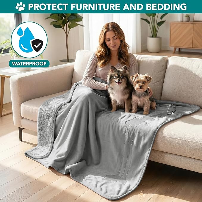 PetAmi Waterproof Dog Blanket for Small Medium Dogs, Pee Proof Pet Blanket for Couch Bed, Reversible Water Proof Blanket for Puppy Indoor Cat, Soft Dog Fleece Blankets Washable, 29x40 Light Gray