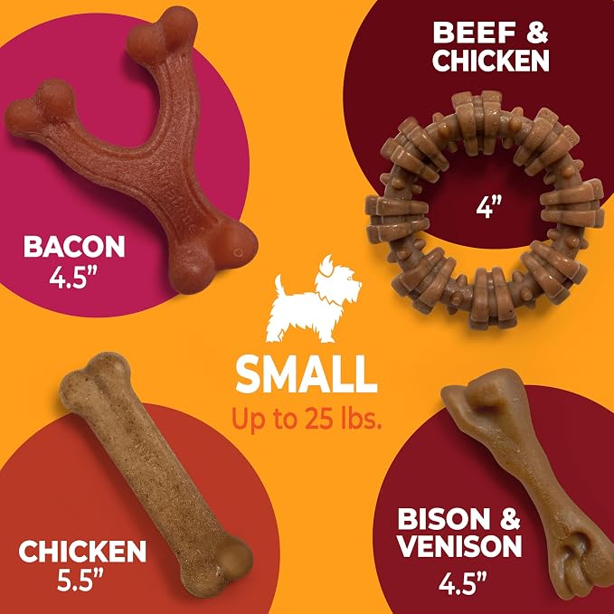 Nylabone Strong Chew Dog Toy 4-Pack Made with Real Bacon, Bison, Venison, Beef, & Chicken, Durable Chew Toys for Aggressive Chewers, Long Lasting Dog Bone, Small Breeds - Up to 25 lbs, 4 Count