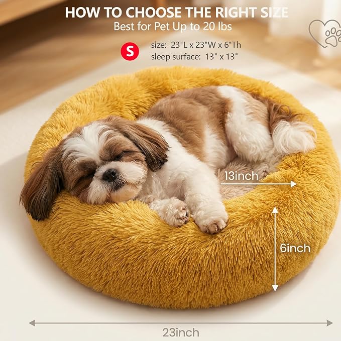 Calming Donut Dogs Beds for Small Dogs Washable,23inch Plush Round Pet Bed for Cozy Sleep,Fluffy Faux Fur Large Cat Bed,Fits up to 25 lbs Pets,Orange