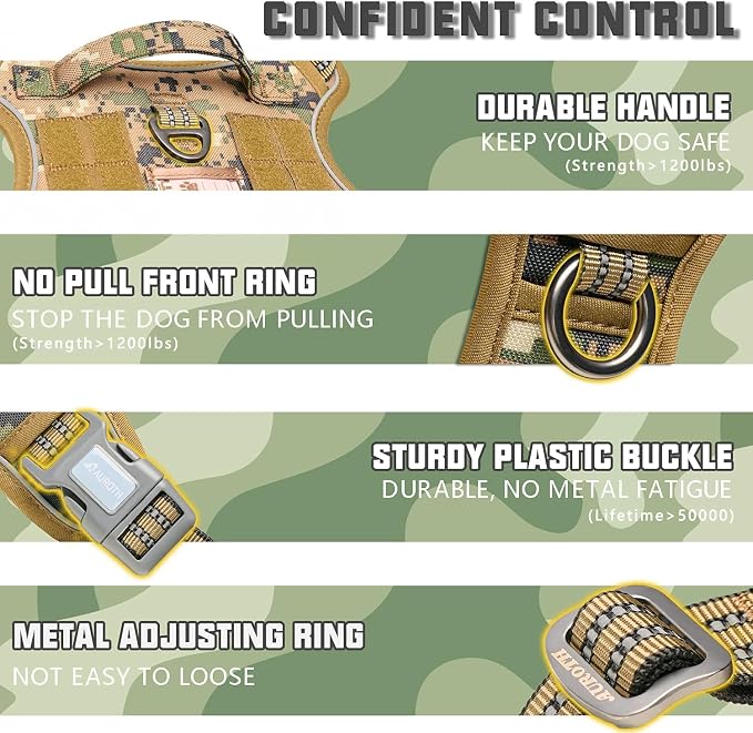 Auroth Tactical Dog Harness for Large Dogs No Pull Adjustable Pet Harness Reflective K9 Working Training Easy Control Pet Vest Military Service Dog Harnesses Woodland Camo XL