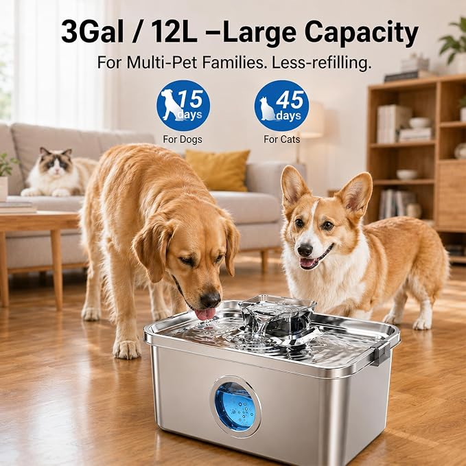 PETTEN 12L Large Dog Water Fountain for Large Dogs & Multi-Pet Homes,304 Stainless Steel 3Gal Pet Water Fountain Ultra Quiet Automatic Water Dispenser, Advanced Filtration, Easy Clean Indoor Use