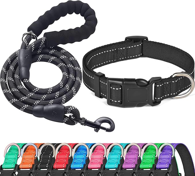 Ladoogo Reflective Dog Collar Padded with Soft Neoprene Breathable Adjustable Nylon Dog Collars for Small Medium Large Dogs (Small (Pack of 1), Black Collar+Leash)