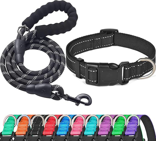 Ladoogo Reflective Dog Collar Padded with Soft Neoprene Breathable Adjustable Nylon Dog Collars for Small Medium Large Dogs (Small (Pack of 1), Black Collar+Leash)