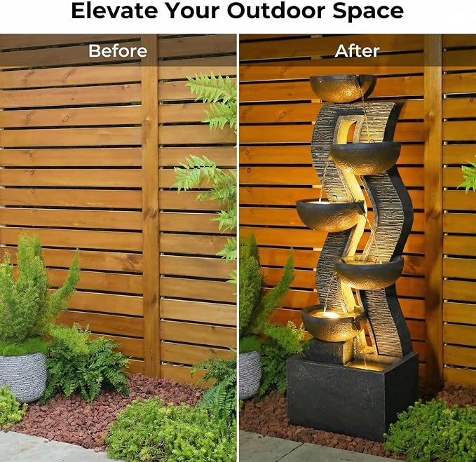 Bumilgar 52.8 Tall Garden Water Fountain Outdoor for Garden, Patio, Backyard, Deck, Porch and Home Art Decor, 6 Tiers Modern Cascading Large Outdoor Fountain with Lights