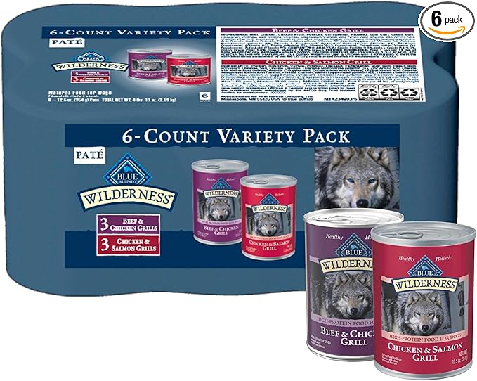 Blue Buffalo Wilderness Adult Wet Dog Food Variety Pack, Beef & Chicken Grill, 32g Protein, and Chicken & Salmon Grill, 35g Protein, Grain-Free & High-Protein, Natural, 12.5-oz. Each (6 Cans)