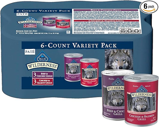 Blue Buffalo Wilderness Adult Wet Dog Food Variety Pack, Beef & Chicken Grill, 32g Protein, and Chicken & Salmon Grill, 35g Protein, Grain-Free & High-Protein, Natural, 12.5-oz. Each (6 Cans)