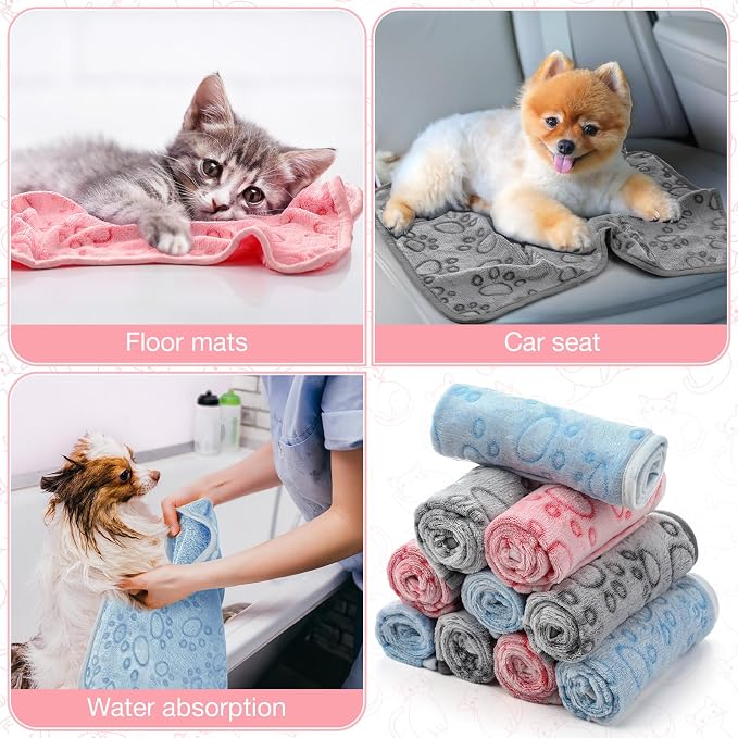 Tegeme 12 Pcs Pet Blankets 23 x 16 Inch Soft Fluffy Fleece Dog Cat Warm Paw Print Pattern Blankets Flannel Throw for Pets Dog Puppy Cat(Multicolor)