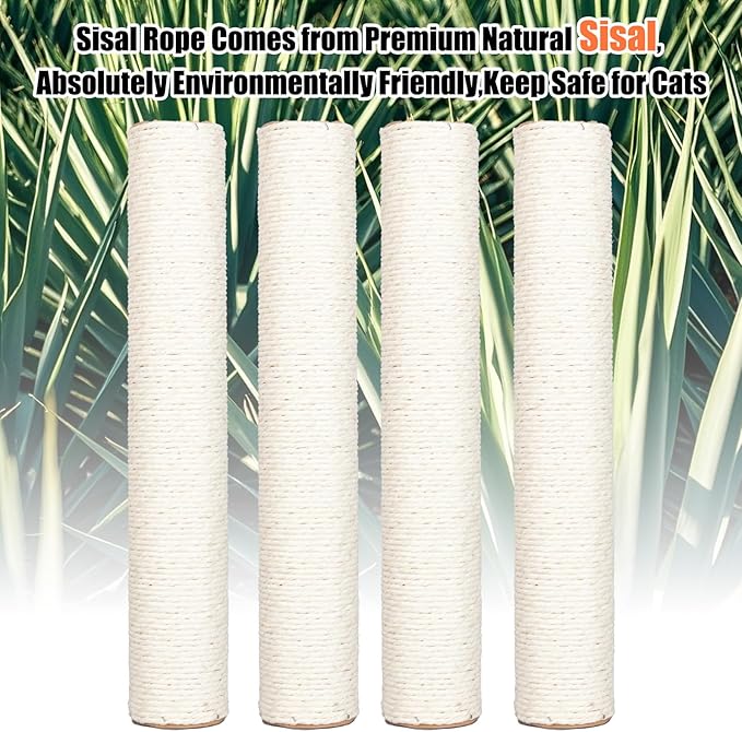 PowerKing Natural Sisal Replacement Scratching Post, 4 Pieces M8 Cat Scratch Post Refill Pole Parts for Refurbishment, White, Include Screws, White, 15.74''+15.74''+7.87''+7.87''