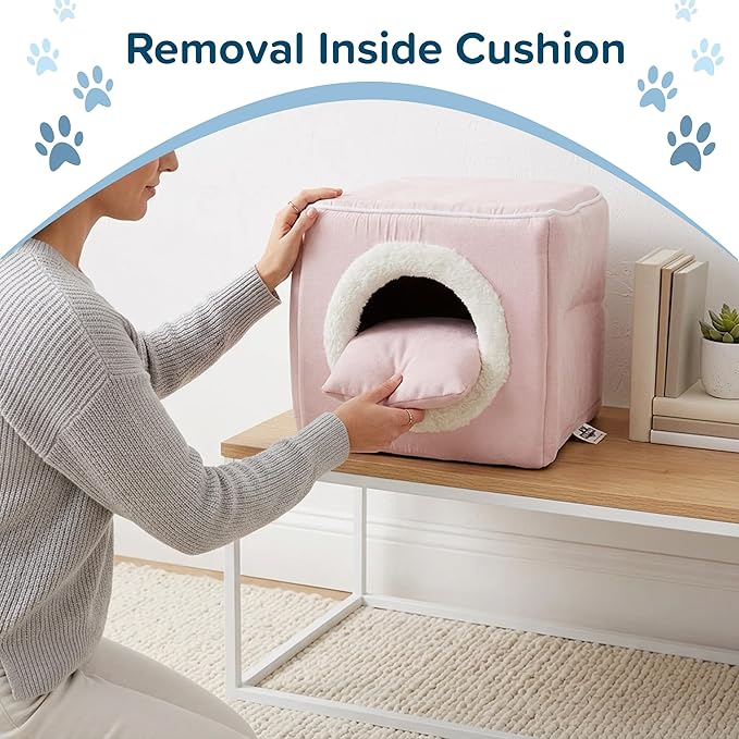Cat House - Indoor Bed with Removable Foam Cushion - Cat Cave for Puppies, Rabbits, Guinea Pigs, Hedgehogs, and Other Small Animals by PETMAKER (Pink)